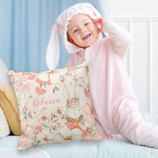Bunny Vintage Blommigt Foliage Namn Nursery Kudde (Skapare uppladdad)