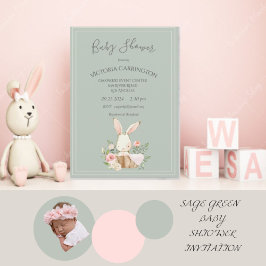 Bunny Watercolor Blommigt Grönt Girl Baby Shower Inbjudningar