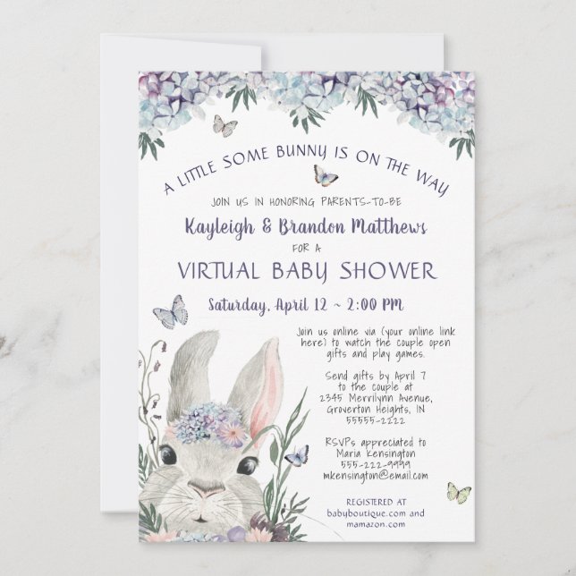 Bunny Watercolor Blommigt Lila Virtuell Baby Showe Inbjudningar (Framsida)