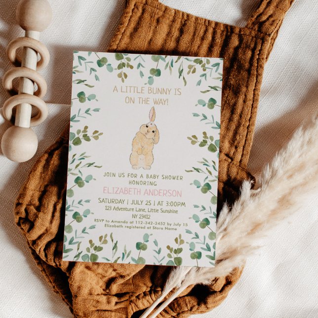 Bunny Watercolor Eucalyptus Rosa Baby Shower Inbjudningar (Skapare uppladdad)