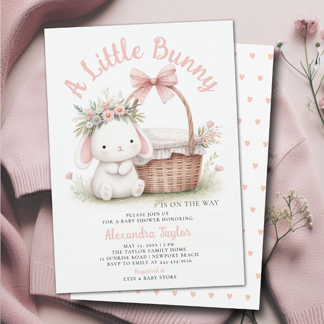 Bunny Wildblommor Bow Picnic Rosa Flicka Shower Inbjudningar (a little bunny baby girl shower invitation springtime easter garden picnic wildflowers pink blush)