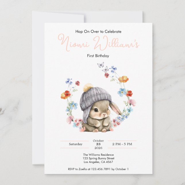 Bunny Wildflower 1st Birthday Invitation Inbjudningar (Framsida)