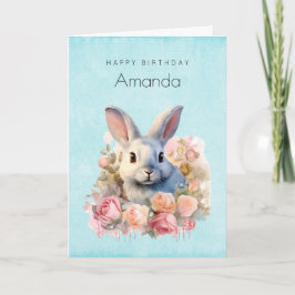 Bunny with a Garland of Roses Cute Birthday Kort