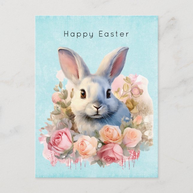 Bunny with a Garland of Roses Cute Easter Helg Vykort (Framsida)