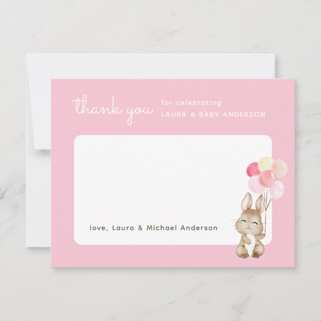 Bunny with Balloons Pink Baby Shower Tack Kort (Framsida)