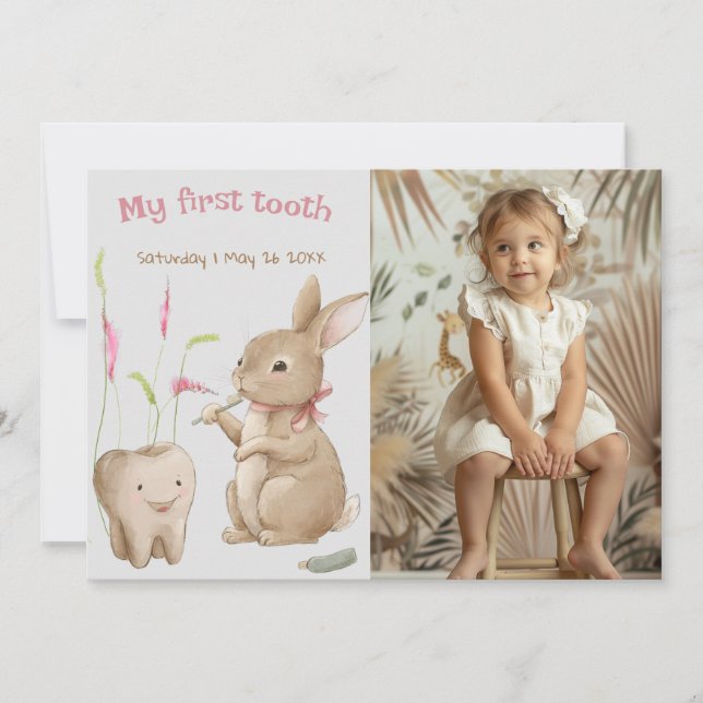 Bunnys flicka First Tooth Party Photo Card Julkort (Framsida)