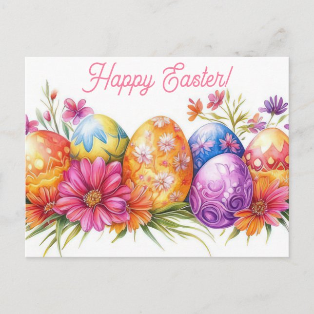 Bunte Aquarell Oster Postkarte mit Frühlingsblumen Vykort (Framsida)