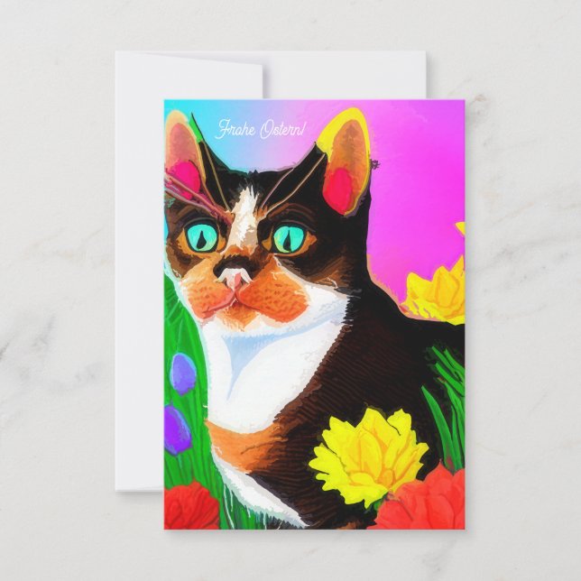 Bunte gemalte Katze und Blumen Ostern  Karte Kort (Framsida)