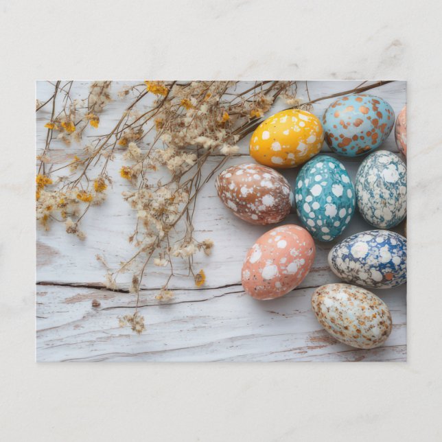 Bunte Ostereier Postkarte mit Frühlingsblumen Vykort (Framsida)