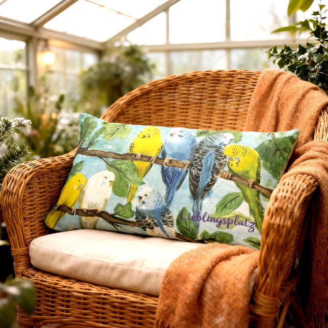 Bunte Wellensittiche - handgemalt | Kissen Lumbarkudde (Lendenkissen mit vielen niedlichen Wellensittiche - handgemaltes Motiv, personalisierbar)