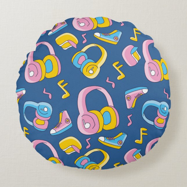 Bunter Musikmix i rosa, blau, gelb Rund Kudde (Framsidan)