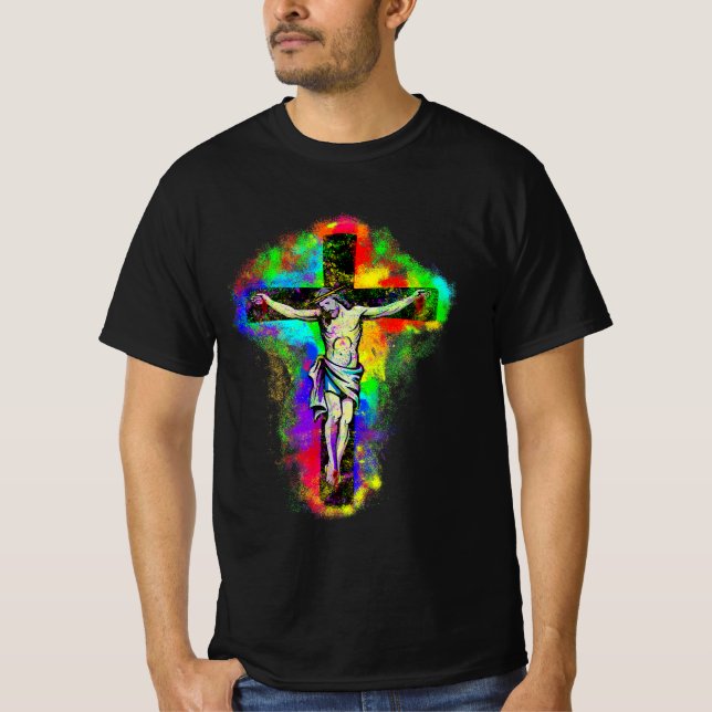 Buntes Jesus Kreuz T Shirt (Framsida)