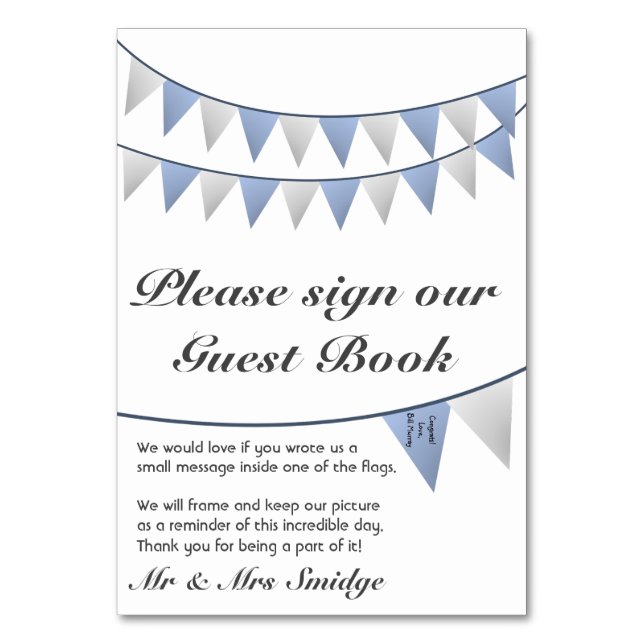 Bunting Blue Bröllop Guest Bok Sign Bordsnummer (Framsidan)