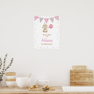 Bunting Flagga Fluffy Bunny 1:a födelsedag Poster