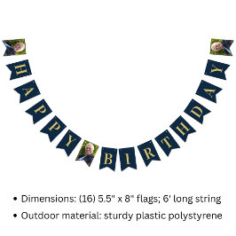 Bunting Flags Photo Navy Gold 80th Happy Birthday Vimplar