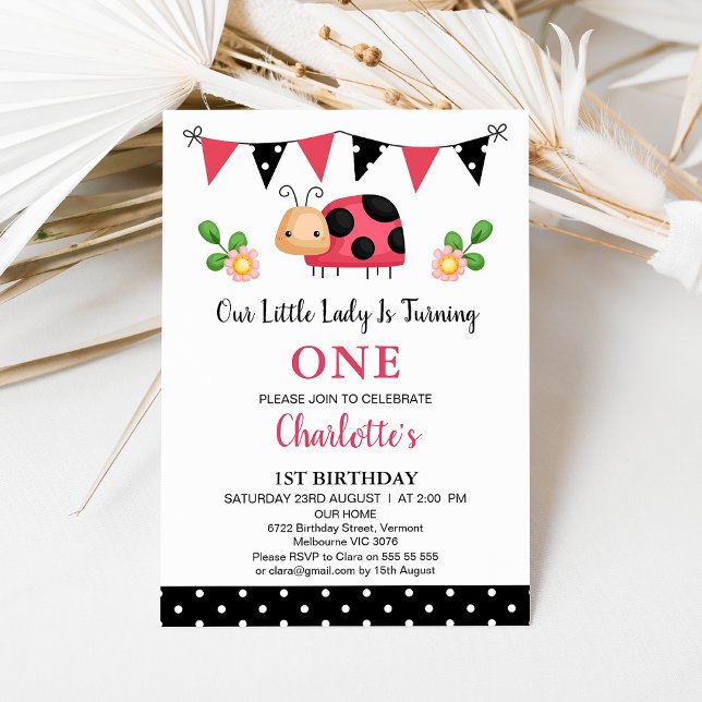 Bunting Red Black Vår lilla Ladybug 1:a födelsedag Inbjudningar (Polka Dots Ladybug Birthday Invitation Template Girl, Ladybug Themed 1st Birthday Invitation Bunting)