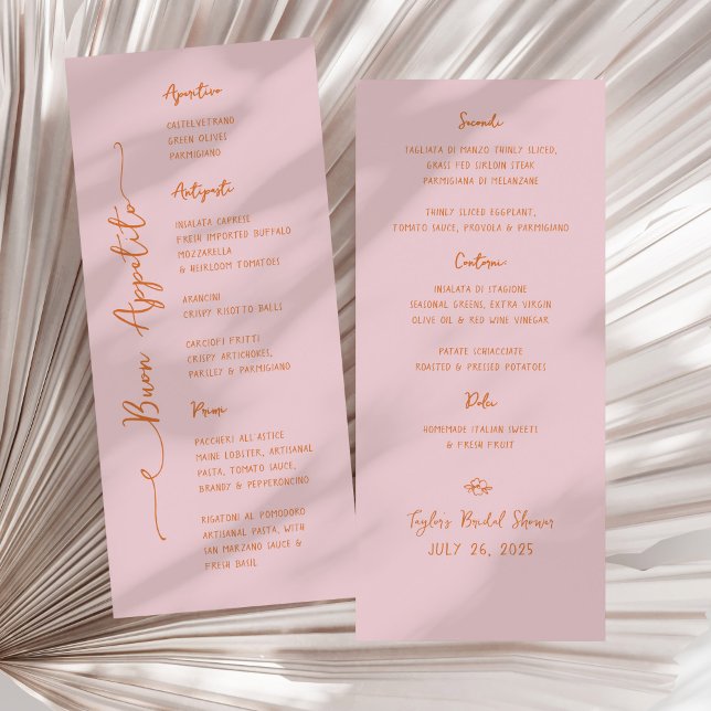 Buon Appetito Handskriven Rosa Italienska Meny (pink and orange "Buon Appetito" Italian bridal shower menu)