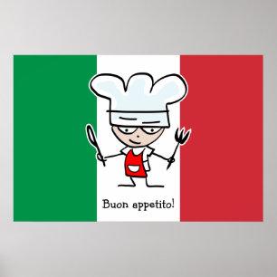Buon Appetito poster med tecknad på kursiv flagga