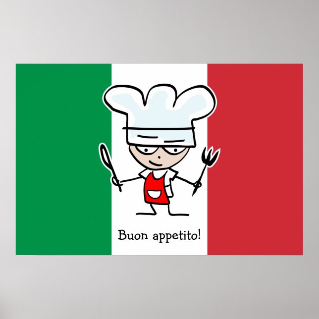 Buon Appetito poster med tecknad på kursiv flagga (Framsidan)