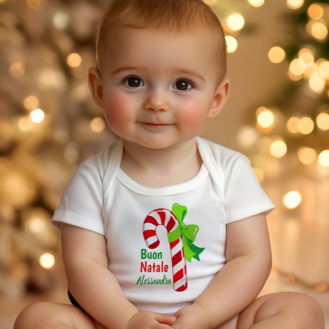 Buon Natale Candy Cane - Italian Merry Christmas T Shirt (White baby bodysuit with candy cane tied in green bow, festive Italian Merry Christmas design for in)