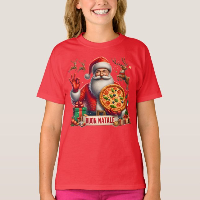 Buon Natale Italian Santa with Pizza & Reindeer  T Shirt (Framsida)