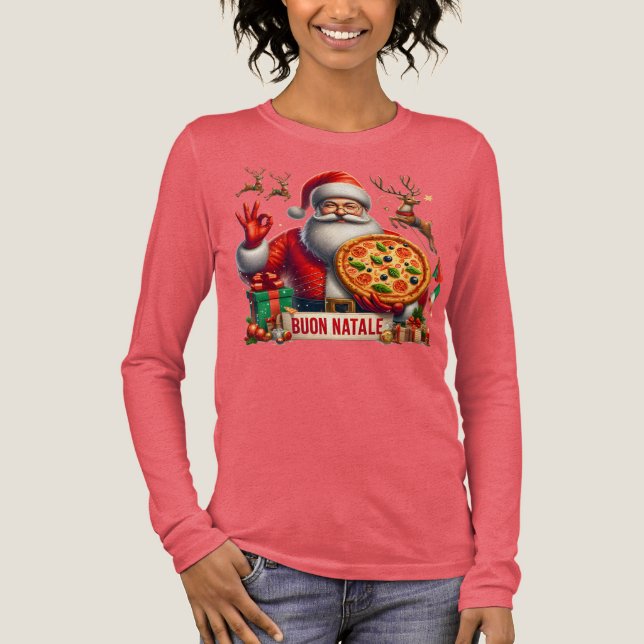 Buon Natale Italian Santa with Pizza & Reindeer  T Shirt (Framsida)