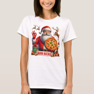 Buon Natale Italian Santa with Pizza & Reindeer T Shirt