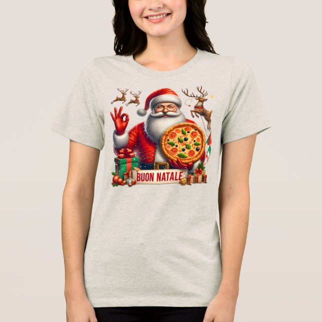 Buon Natale Italian Santa with Pizza & Reindeer  T Shirt (Framsida)
