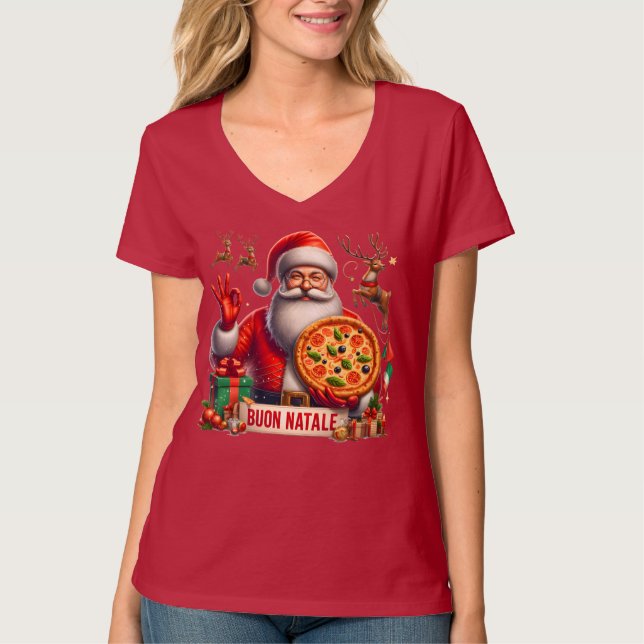 Buon Natale Italian Santa with Pizza & Reindeer  T Shirt (Framsida)