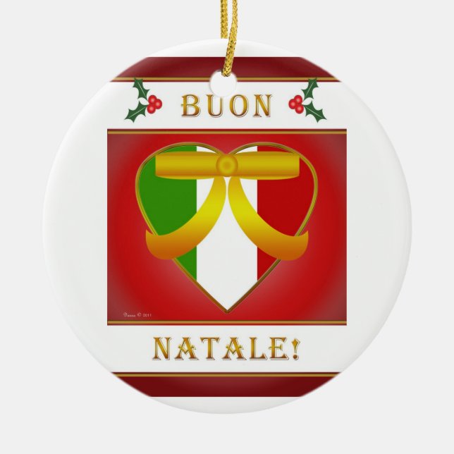 Buon Natale Italienska Flagga Heart - Runda prydna Julgransprydnad Keramik (Framsidan)