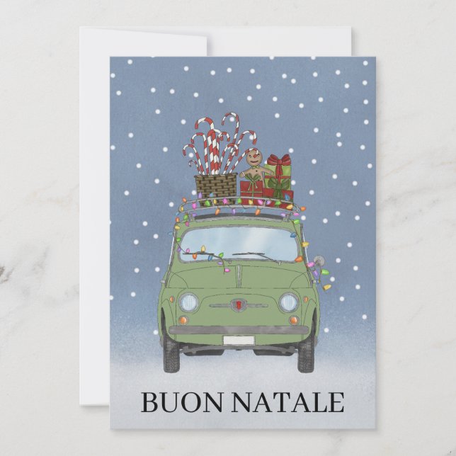 Buon Natale Italienska Grönten Fiat 500 Julkort (Framsida)