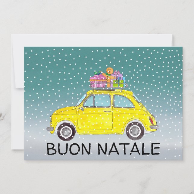 Buon Natale Italienska gulten Fiat 500 Julkort (Framsida)