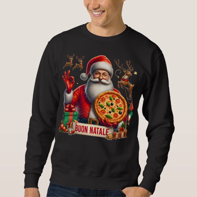 Buon Natale Italienska jultomten med Pizza & Reind Lång Ärmad Tröja (Framsida)