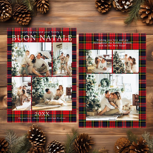 Buon Natale Multi Foto Röd Rutig Julkort (Skapare uppladdad)