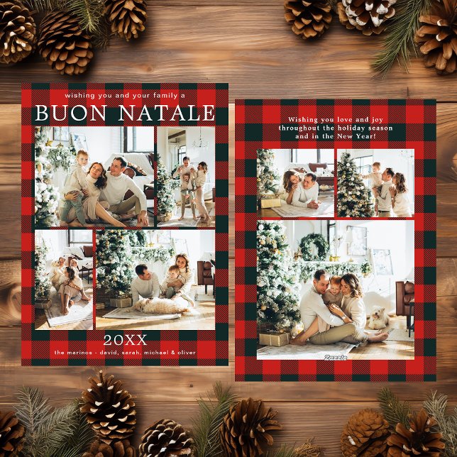 Buon Natale Multi Photo Red Buffalo Plaid Julkort (Skapare uppladdad)