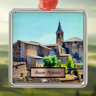 Buon Natale Orvieto Italien Hillside and Church Julgransprydnad Metall