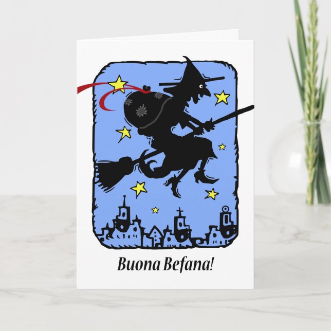 Buona Befana, julEpiphanyhäxa med gåvor Helgkort (Framsida)