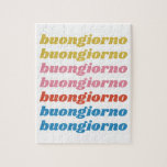 Buongiorno italiensk Hej Typography Cute Retro Pussel<br><div class="desc">Buongiorno Italy Hej Typography Cute Colorful jigszle puzzle</div>