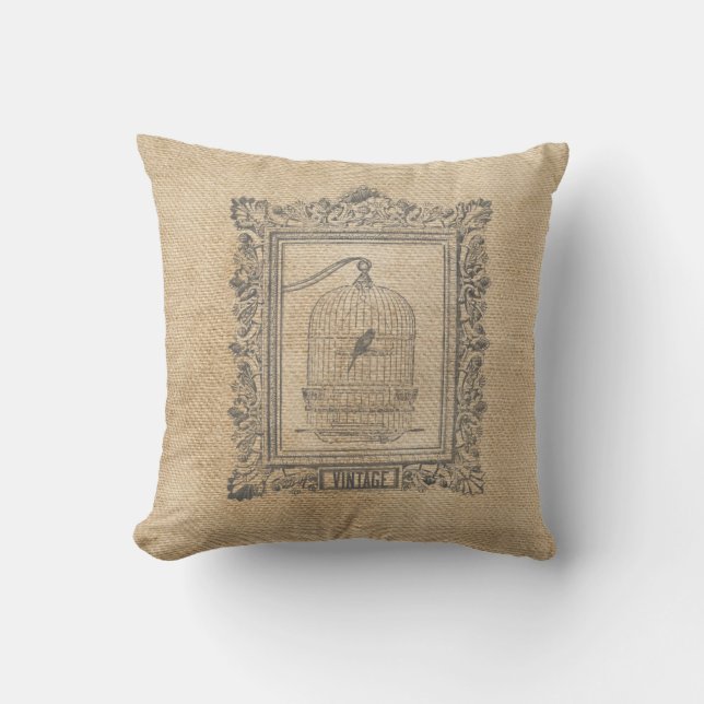 Bur för Burlapvintagefågel i ram Kudde (Framsida)