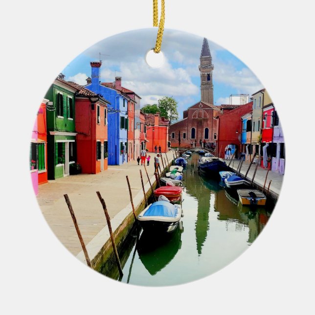 Burano, Italien, italienska färghus och båtkanal Julgransprydnad Keramik (Framsidan)