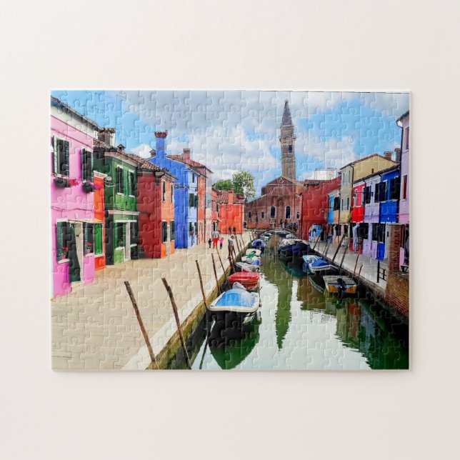 Burano, Italien, italienska färghus och båtkanal Pussel (Horisontell)