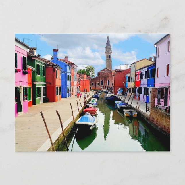 Burano, Italien, italienska färghus och båtkanal Vykort (Framsida)