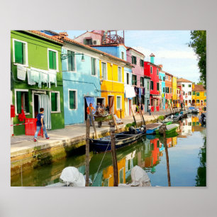 Burano-ön nära Venedig, Rainbow Houses i Italien Poster
