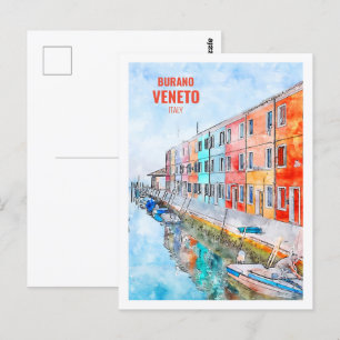 Burano Veneto Italien Berömd Travel Watercolor Vykort