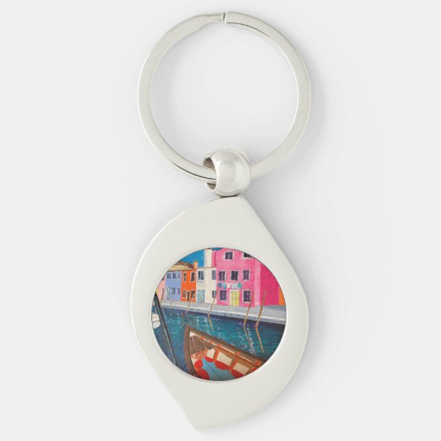 Burano Venice Italien Swirl Silverfärgad Nyckelring (Framsidan)