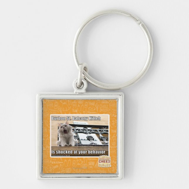 Burbon St.-balkong Kitteh Fyrkantig Silverfärgad Nyckelring (Framsidan)