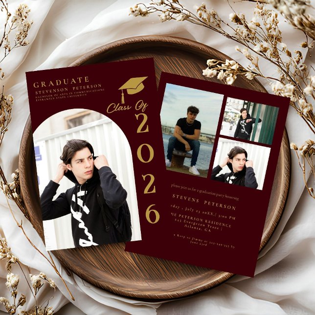 Burdundy  and Gold Photo Graduation Inbjudningar (Skapare uppladdad)