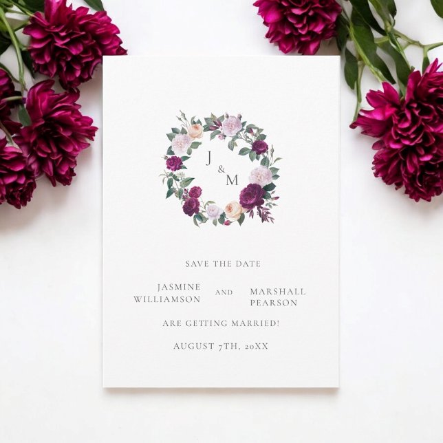 Burgandy blommigts elegant spara datum inbjudningar (elegant wedding save the date in burgandy monogram florals )