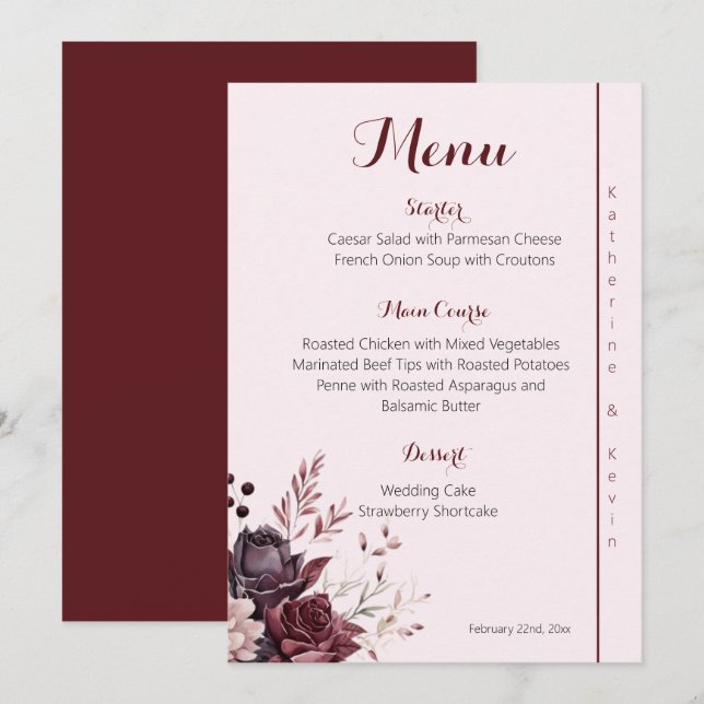 Burgandy Dusty Ro Blommigt Bröllop Menu Meny (Fram/baksida)