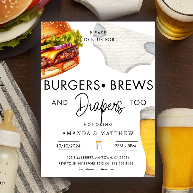 Burgare, brödrablöjor Avslappnad par babyskor Inbjudningar (Burgers Brews Diapers Casual Couple Baby Shower Invitation)
